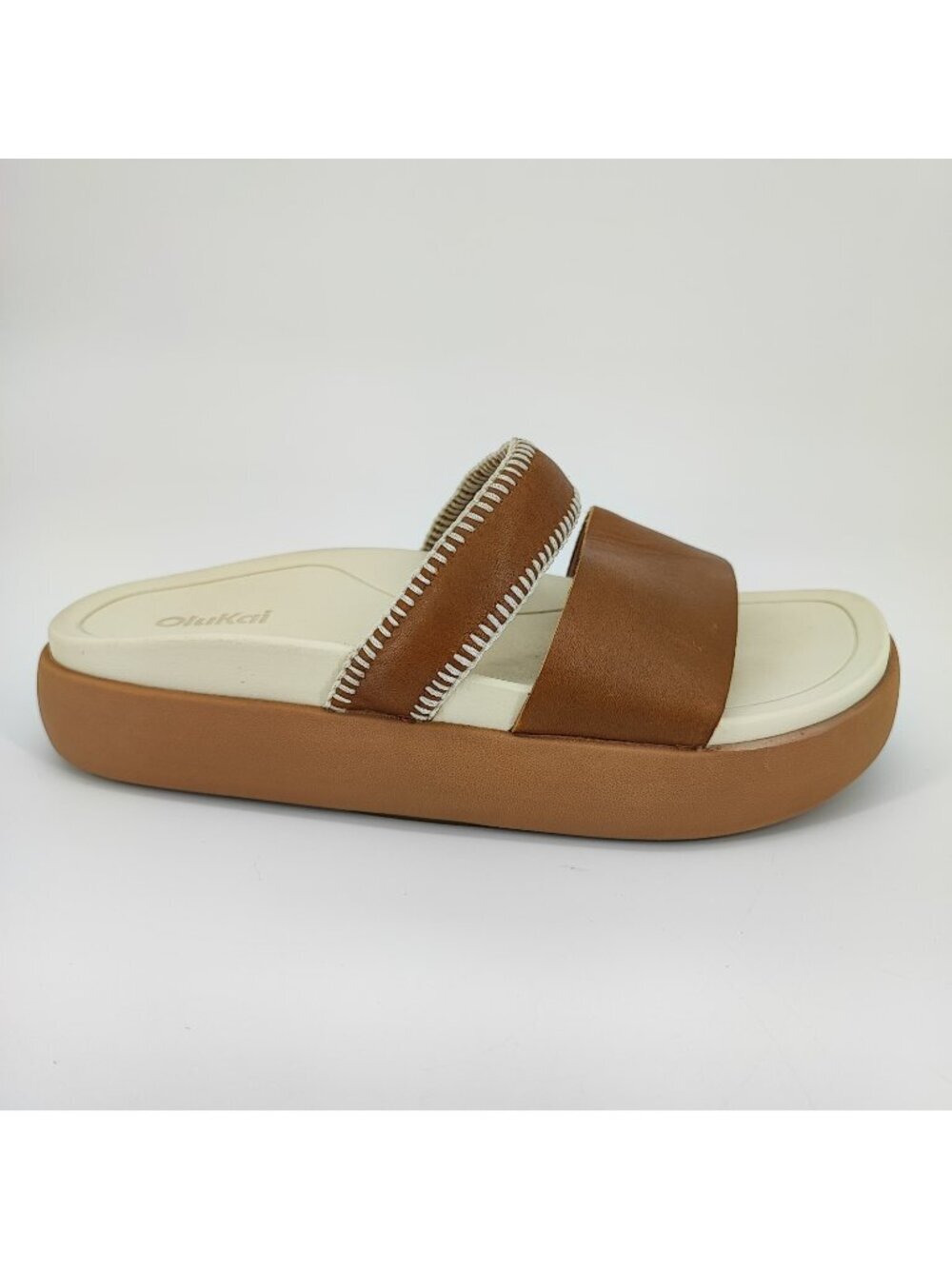 OluKai Women's Two-Band Slide Sandals in Brown and Cream size 7